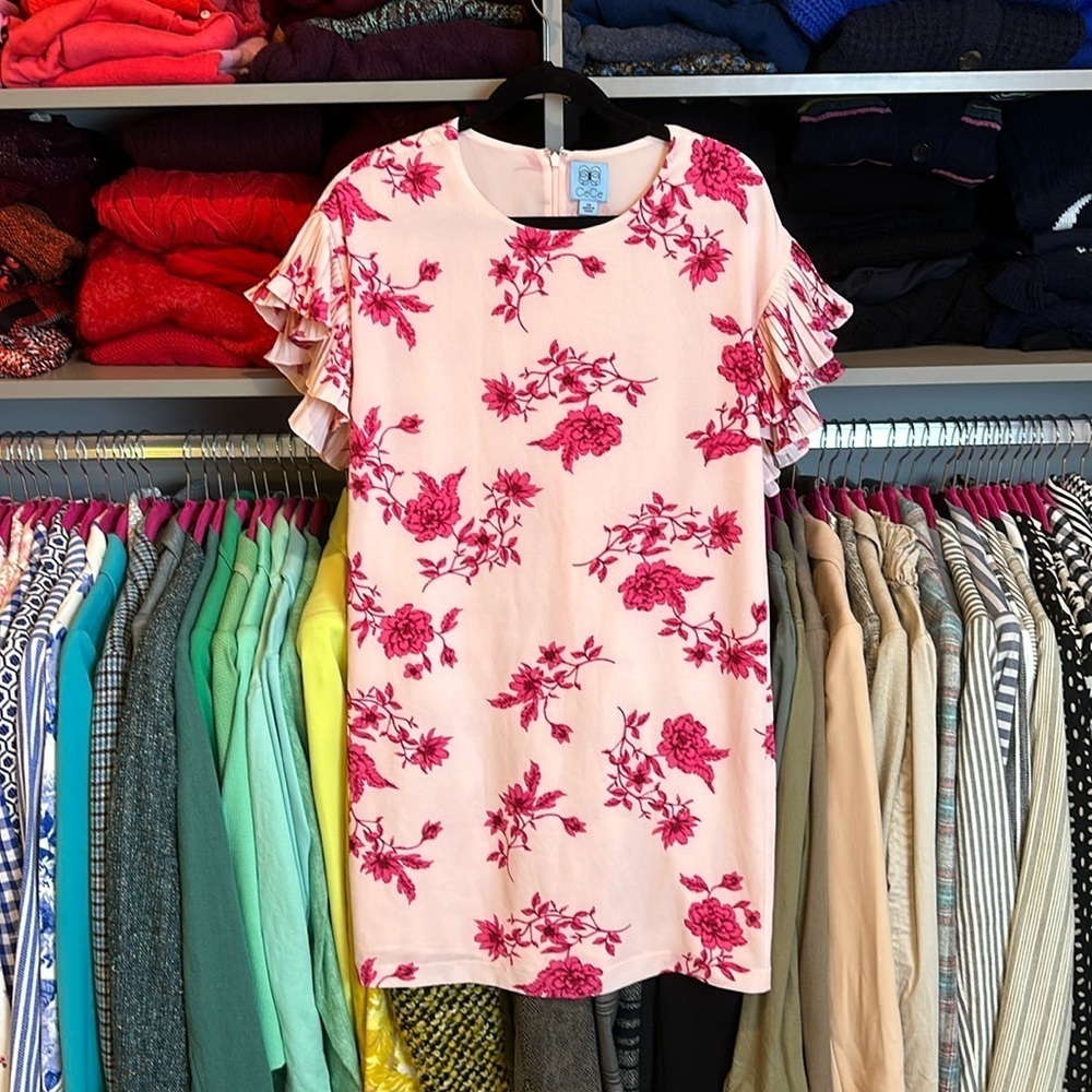 CeCe pink flowered ruffled short sleeve dress size XS​